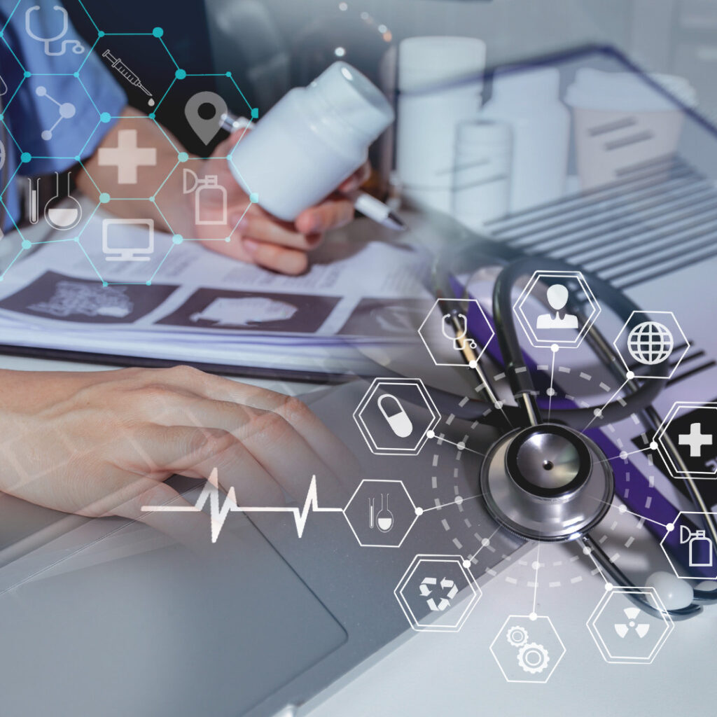 The image features medical professionals at a desk, with a focus on a clipboard and stethoscope. Overlaid are various medical and scientific icons, such as a syringe, DNA strand, and a globe, connected by a hexagonal network pattern.