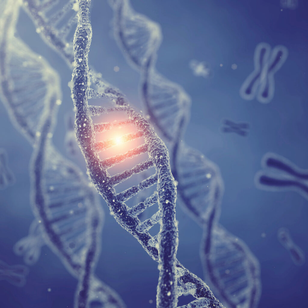 The image depicts a close-up view of a DNA double helix, with a glowing light effect highlighting a specific gene within the DNA strand.